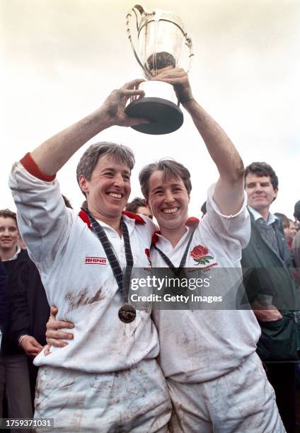 Victorious England Mitchell twins, Jane and Emma with the trophy pictured after their 38-23 win over the USA in the 1994 Women's Rugby Union World...