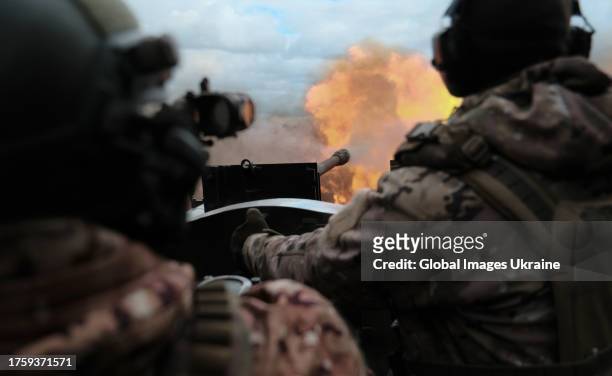 The artillery of the 56th Brigade of the Ukrainian Armed Forces fires in the Bakhmut direction on October 24, 2023 in Donetsk Oblast, Ukraine. An...