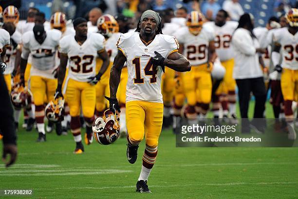 Donte' Stallworth of the Washington Redskins leaves the field after warm ups prior to a pre-season game against the Tennessee Titans at LP Field on...