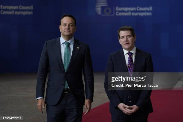 Ireland's Prime Minister Leo Varadkar talks and the Irish Minister of State for European Affairs Peter Burke arrive at EU Leaders Summit on October...