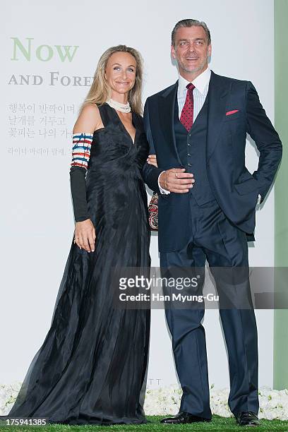 Actors Elisabetta Caraccia and Ray Stevenson arrive for wedding ceremony of Lee Byung-Hun and Rhee Min-Jung at the Hyatt Hotel on August 10, 2013 in...