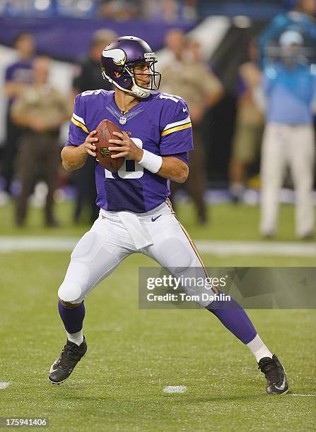 Matt Cassel of the Minnesota Vikings passes the ball during an NFL game against the Houston Texans at Mall of America Field, on August 9, 2013 in...