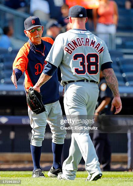 Manager Jim Leyland congratulates pitcher Jeremy Bonderman of the Detroit Tigers after the Tigers defeated the New York Yankees 9-3 in a MLB baseball...