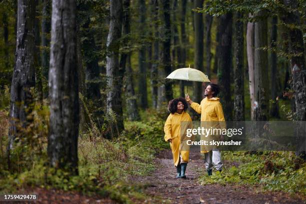 happy black couple in raincoats walking on rain through the woods. - people rain happy stockfoto's en -beelden