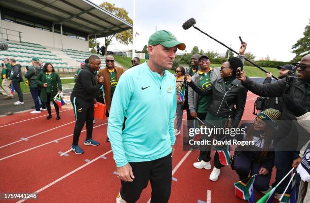 South Africa Head Coach Jacques Nienaber looks on as fans greet the team during a South Africa training session ahead of their Rugby World Cup France...