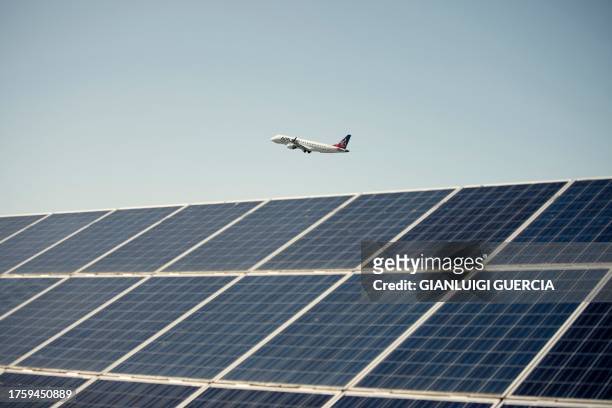 Commercial flight takes off from the George Airport runaway in George on October 31, 2023. In 2016 a solar plant wa built to provide electricity to...