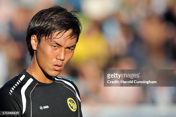 Yuya Kubo of BSC Young Boys looks on prior to the Swiss Super League match between FC Aarau v BSC Young Boys at Brugglifeld on August 10, 2013 in...
