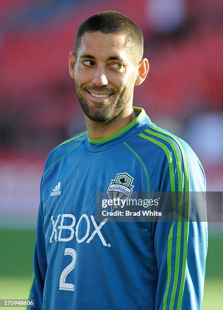 Clint Dempsey of the Seattle Sounders FC looks on during warm up prior to MLS game action against the Toronto FC August 10, 2013 at BMO Field in...