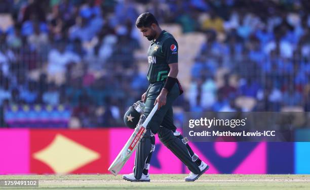 Babar Azam of Pakistan makes their way off after being dismissed during the ICC Men's Cricket World Cup India 2023 between Pakistan and South Africa...