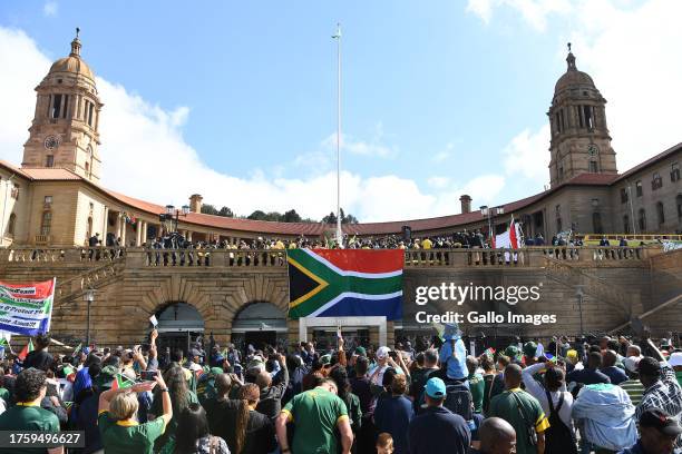 South Africa fans attend the Rugby World Cup 2023 Springbok Trophy Tour in Pretoria at Union Buildings on November 02, 2023 in Pretoria, South Africa.