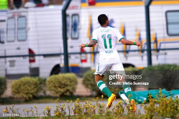 Wesley of Palmeiras celebrates a goal during a match between Palmeiras and Parana as part of the Brazilian Championship Serie B 2013 at Pacaembu...