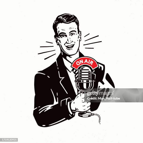 bildbanksillustrationer, clip art samt tecknat material och ikoner med on air, cheerful man with microphone - radio och tv utsändning