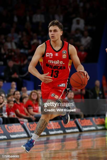 Hyrum Harris of the Wildcats brings the ball up the court during the round five NBL match between Perth Wildcats and Brisbane Bullets at RAC Arena,...