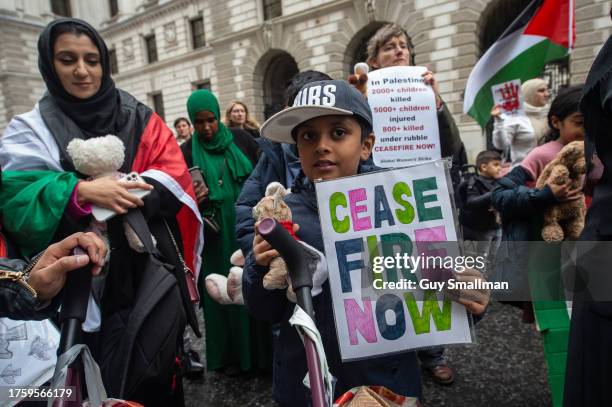 Parents for Palestine protest with their children to demand a ceasefire in Gaza and an end to children dying in the war at The Foreign Office on...