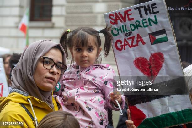 Parents for Palestine protest with their children to demand a ceasefire in Gaza and an end to children dying in the war at The Foreign Office on...