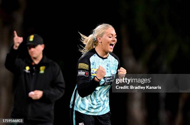 Sarah Glenn of the Heat celebrates taking the wicket of Meg Lanning of the Stars during the WBBL match between Brisbane Heat and Melbourne Stars at...