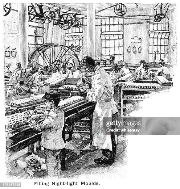 filling night-light moulds in a victorian candle factory - old machinery stock illustrations