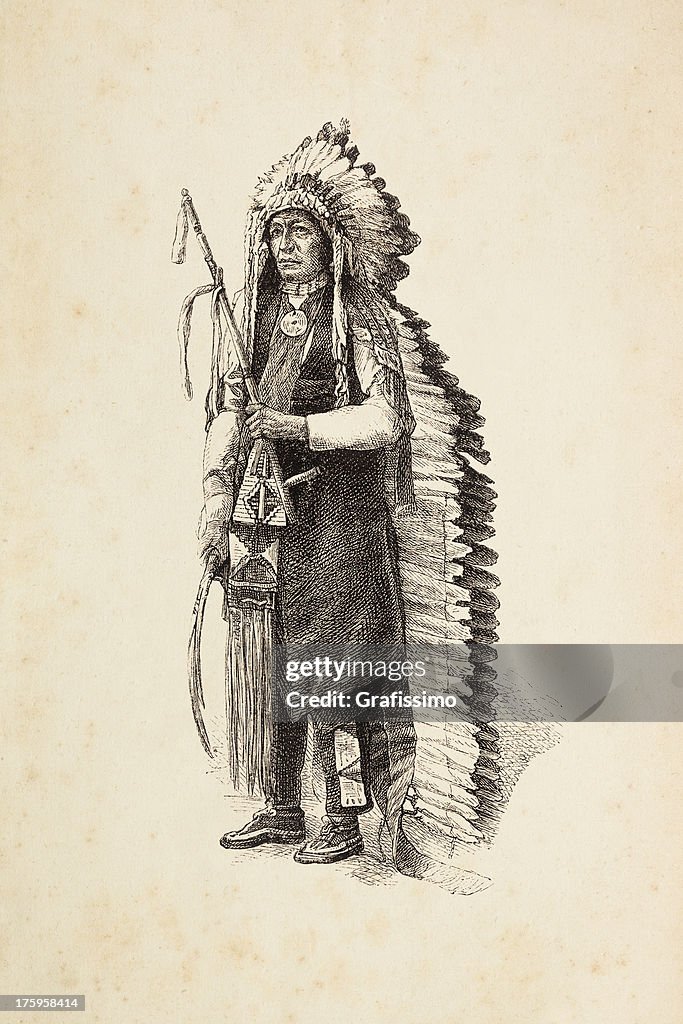 Engraving of native american tribal chief with calumet and headdress