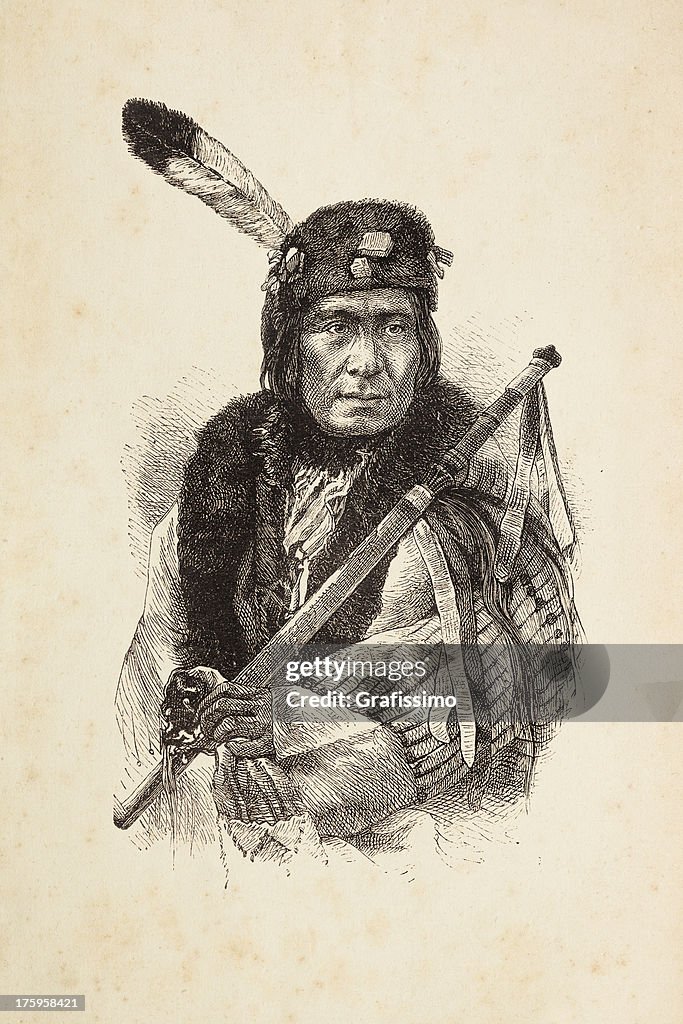 Engraving of native american tribal chief with calumet