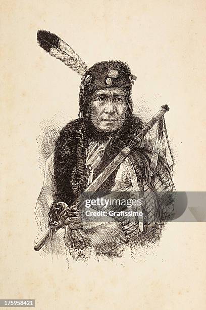 engraving of native american tribal chief with calumet - native american feather stock illustrations