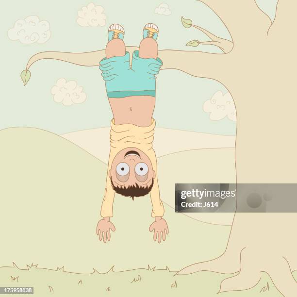 boy hanging from a tree - young at heart stock illustrations