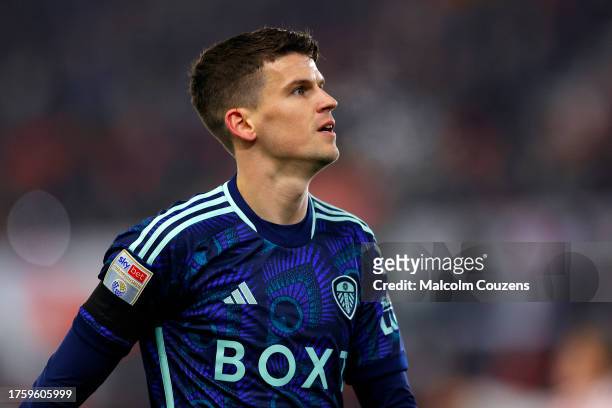 Sam Byram of Leeds United looks on during the Sky Bet Championship match between Stoke City and Leeds United at Bet365 Stadium on October 25, 2023 in...