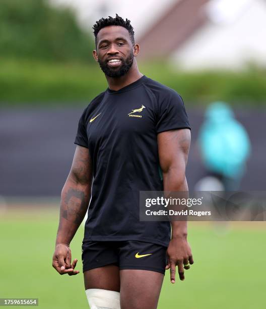 Siya Kolisi, the South Africa Springboks captain looks on during the South Africa captain's run held at Stade des Fauvettes ahead of their Rugby...