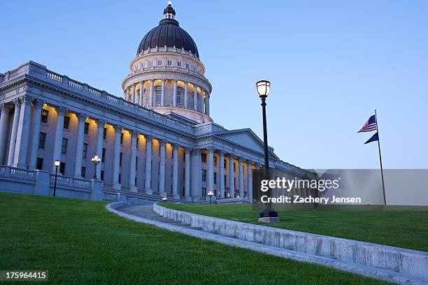 Utah State Capitol Building as viewed from the South lawn at twilight.