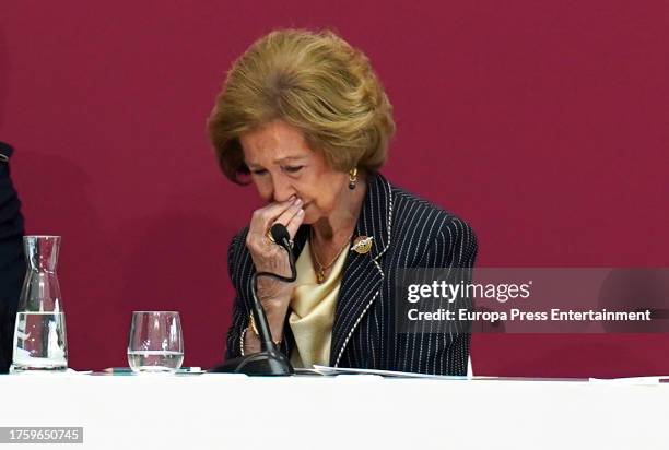 Queen Sofia gets emotional during the ceremony in which Emilio Lora-Tamayo was appointed honorary rector of the Camilo Jose Cela University on...