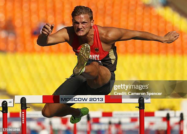 Pascal Behrenbruch of Germany competes in the Men's Decathlon 110 metres hurdles during Day Two of the 14th IAAF World Athletics Championships Moscow...