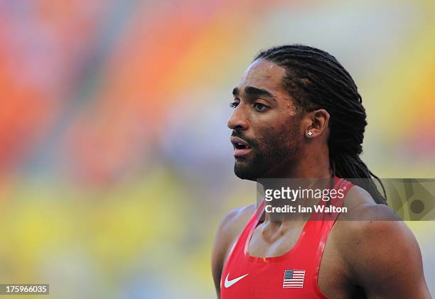 Jason Richardson of the United States looks on in the Men's 110 metres hurdles heats during Day Two of the 14th IAAF World Athletics Championships...