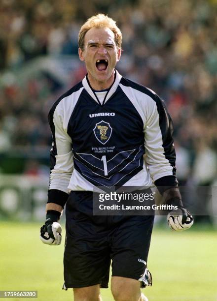 Scotland goalkeeper Jim Leighton celebrates the Scotland goal during the 1998 FIFA World Cup group A game against Norway at the Parc Lescure in...