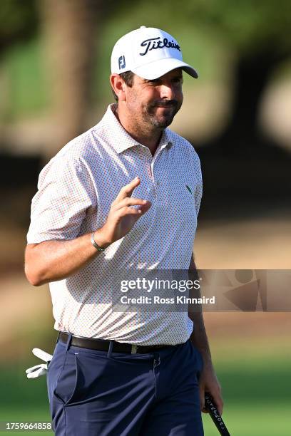 Thomas Aiken of South Africa reacts on the 18th green during Day Two of the Commercial Bank Qatar Masters at Doha Golf Club on October 27, 2023 in...