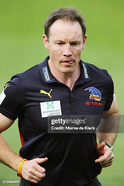 Brenton Sanderson of The Crows looks on during the round 20 AFL match between the Adelaide Crows and the North Melbourne Kangaroos at AAMI Stadium on...