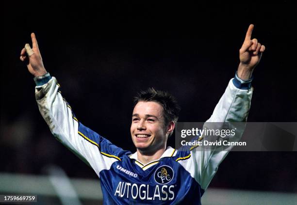 Chelsea defender Graeme Le Saux celebrates a goal during a Premier League match against Charlton Athletic at Stamford Bridge on January 10th, 1998 in...