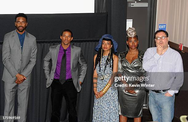 Director Shaka King, actors Amari Cheatom and Trae Harris, costume designer Charlese Antoinette Jones and producer Jim Wareck attend "Newlyweeds"...