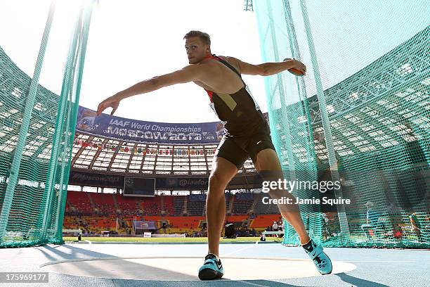 Pascal Behrenbruch of Germany competes in the Men's Decathlon Discus during Day Two of the 14th IAAF World Athletics Championships Moscow 2013 at...