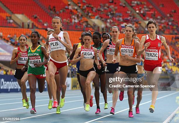 Renata Plis of Poland, Luiza Gega of Albania, Maureen Koster of the Netherlands and Amela Terzic of Serbia compete in the Women's 1500 metres heats...