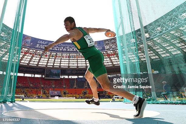Carlos Chinin of Brazil competes in the Men's Decathlon Discus during Day Two of the 14th IAAF World Athletics Championships Moscow 2013 at Luzhniki...