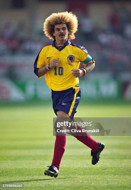 Carlos Valderrama of Colombia in action during the 1998 FIFA World Cup Finals match against Tunisia in Montpellier on June 22nd, 1998 in Montpellier,...