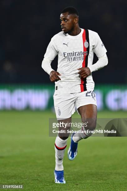 Pierre Kalulu of AC Milan during the UEFA Champions League match between Paris Saint-Germain and AC Milan at Parc des Princes on October 25, 2023 in...