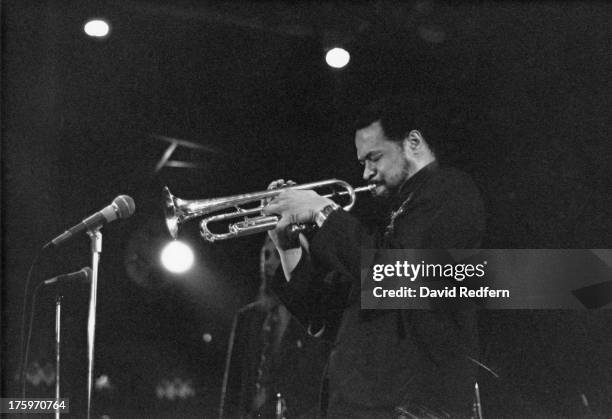 American jazz trumpeter Donald Byrd performing, circa 1975.