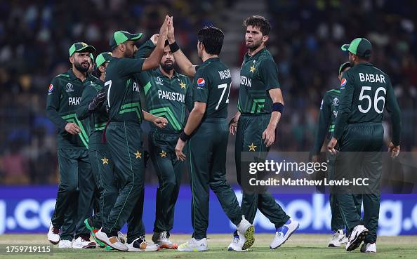 Pakistan Rrt Shaheen Afridi of Pakistan celebrates the wicket of Quinton de Kock ...