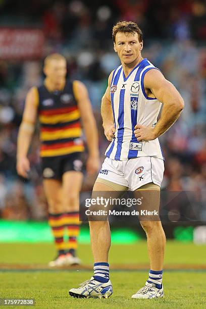 Brent Harvey of North Melbourne react after the round 20 AFL match between the Adelaide Crows and the North Melbourne Kangaroos at AAMI Stadium on...