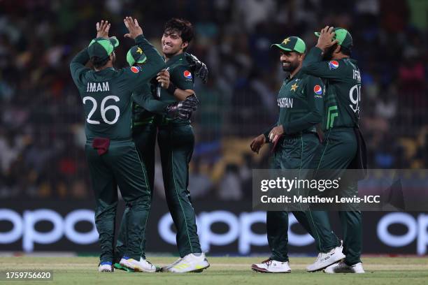 Mohammad Wasim of Pakistan celebrates the wicket of Temba Bavuma of South Africa during the ICC Men's Cricket World Cup India 2023 between Pakistan...