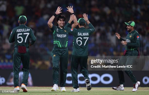 Mohammad Wasim of Pakistan celebrates the wicket of Temba Bavuma of South Africa during the ICC Men's Cricket World Cup India 2023 between Pakistan...