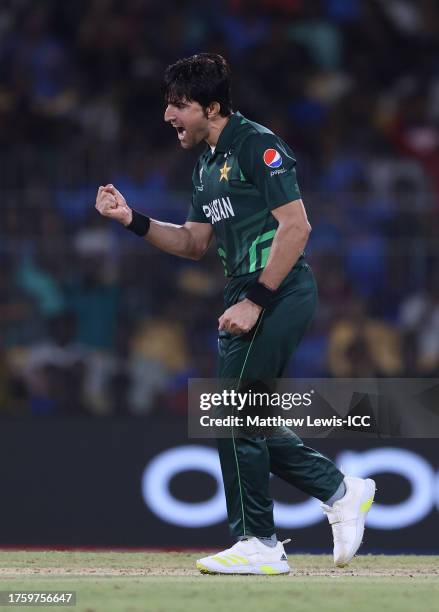 Mohammad Wasim of Pakistan celebrates the wicket of Temba Bavuma of South Africa during the ICC Men's Cricket World Cup India 2023 between Pakistan...