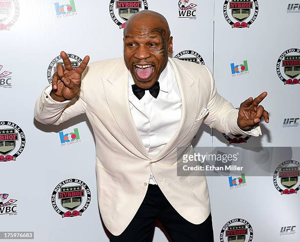 Former boxer and inductee Mike Tyson arrives at the Nevada Boxing Hall of Fame inaugural induction gala at the Monte Carlo Resort and Casino on...
