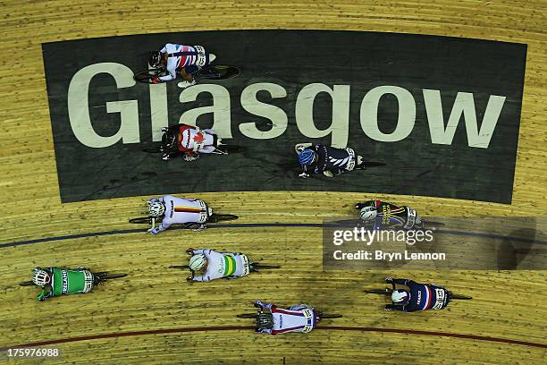 An overhead view of the Men's Omnium Scratch Race race during day four of the 2013 UCI Juniors Track World Championships at the Sir Chris Hoy...