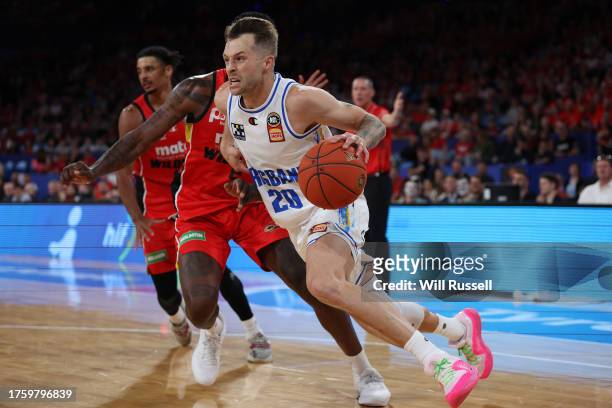 Nathan Sobey of the Brisbane Bullets drives to the basket during the round five NBL match between Perth Wildcats and Brisbane Bullets at RAC Arena,...